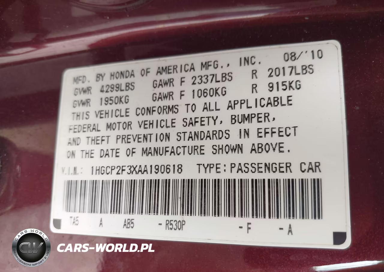 2010 Honda Accord 2.4 Lx VIN:1HGCP2F3XAA190618 - 9