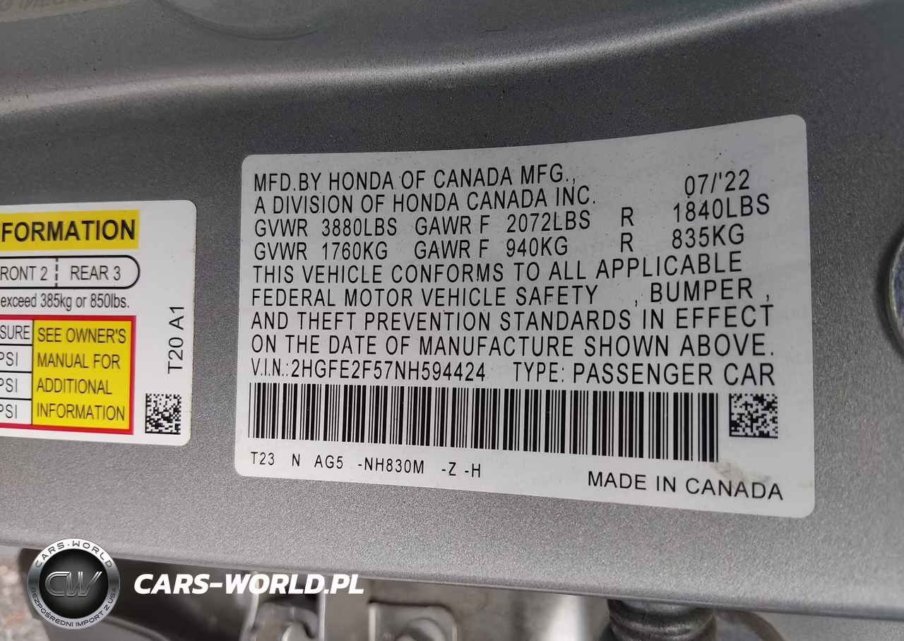 2022 Honda Civic Sport VIN:2HGFE2F57NH594424 - 9