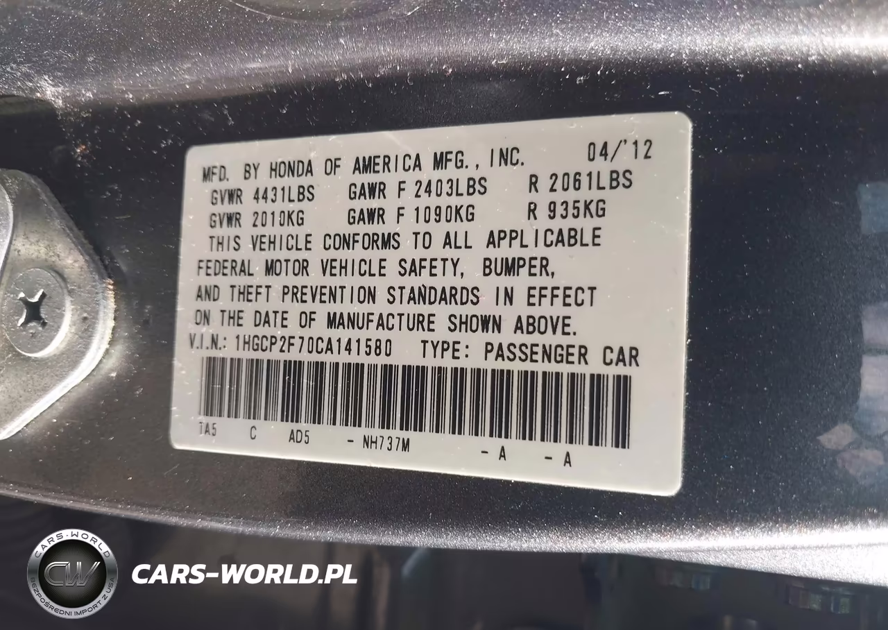 2012 Honda Accord 2.4 Ex VIN:1HGCP2F70CA141580 - 9