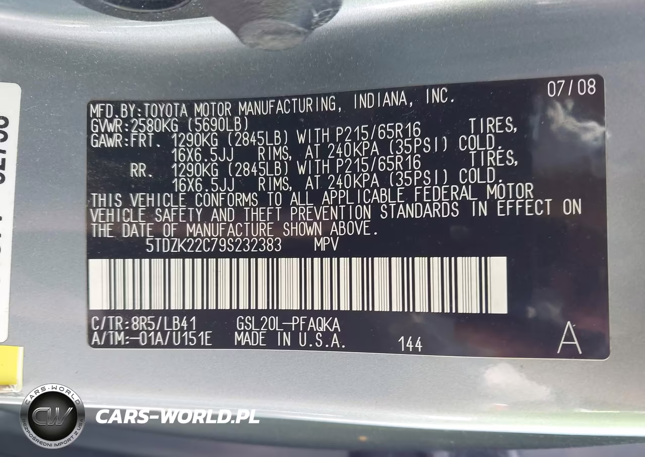 2009 Toyota Sienna Xle VIN:5TDZK22C79S232383 - 9