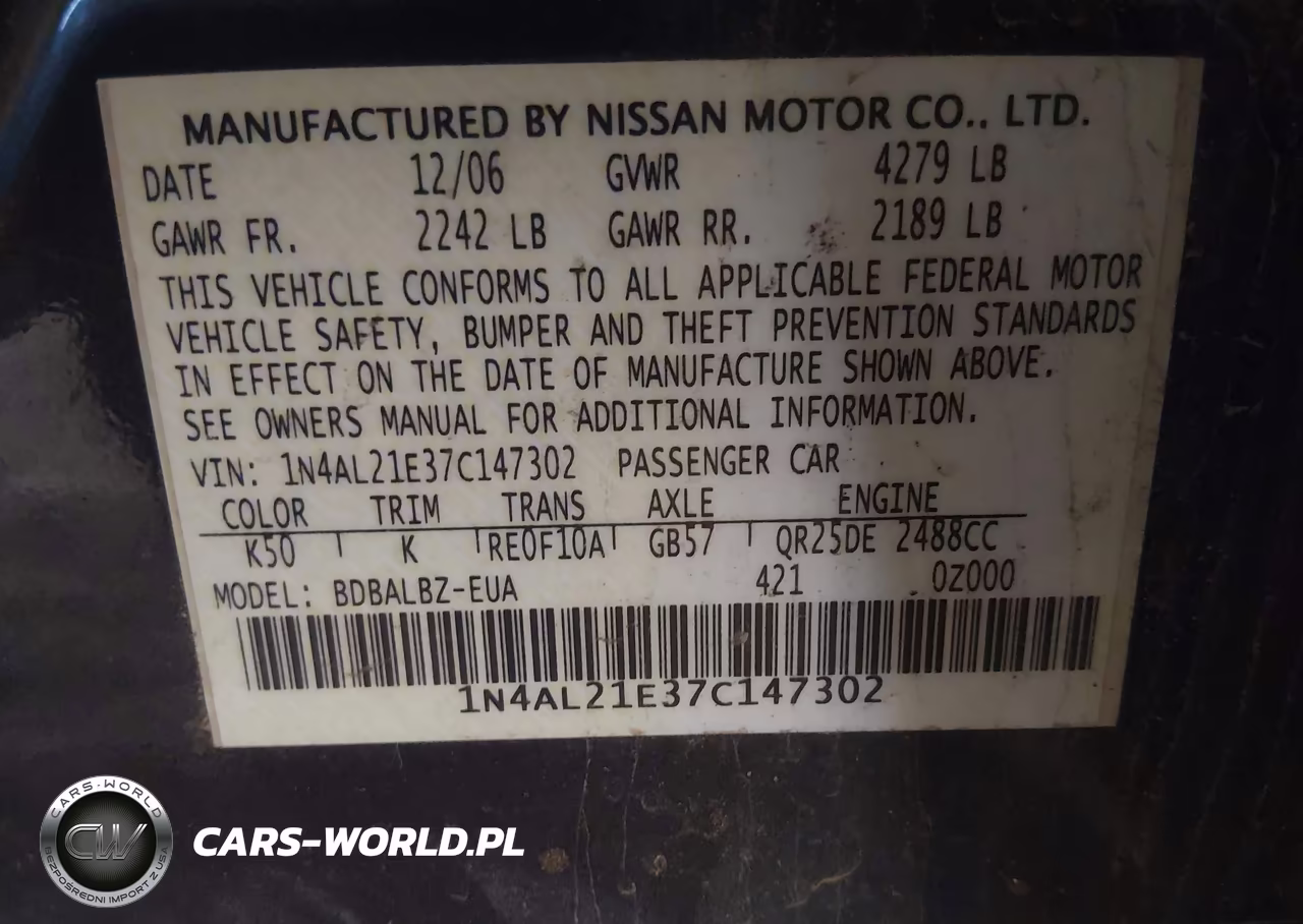 2007 Nissan Altima 2.5 S VIN:1N4AL21E37C147302 - 9