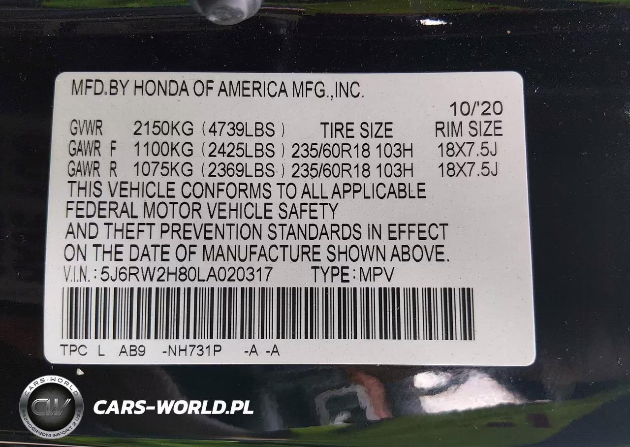 2020 Honda Cr-V Awd Ex-L VIN:5J6RW2H80LA020317 - 9