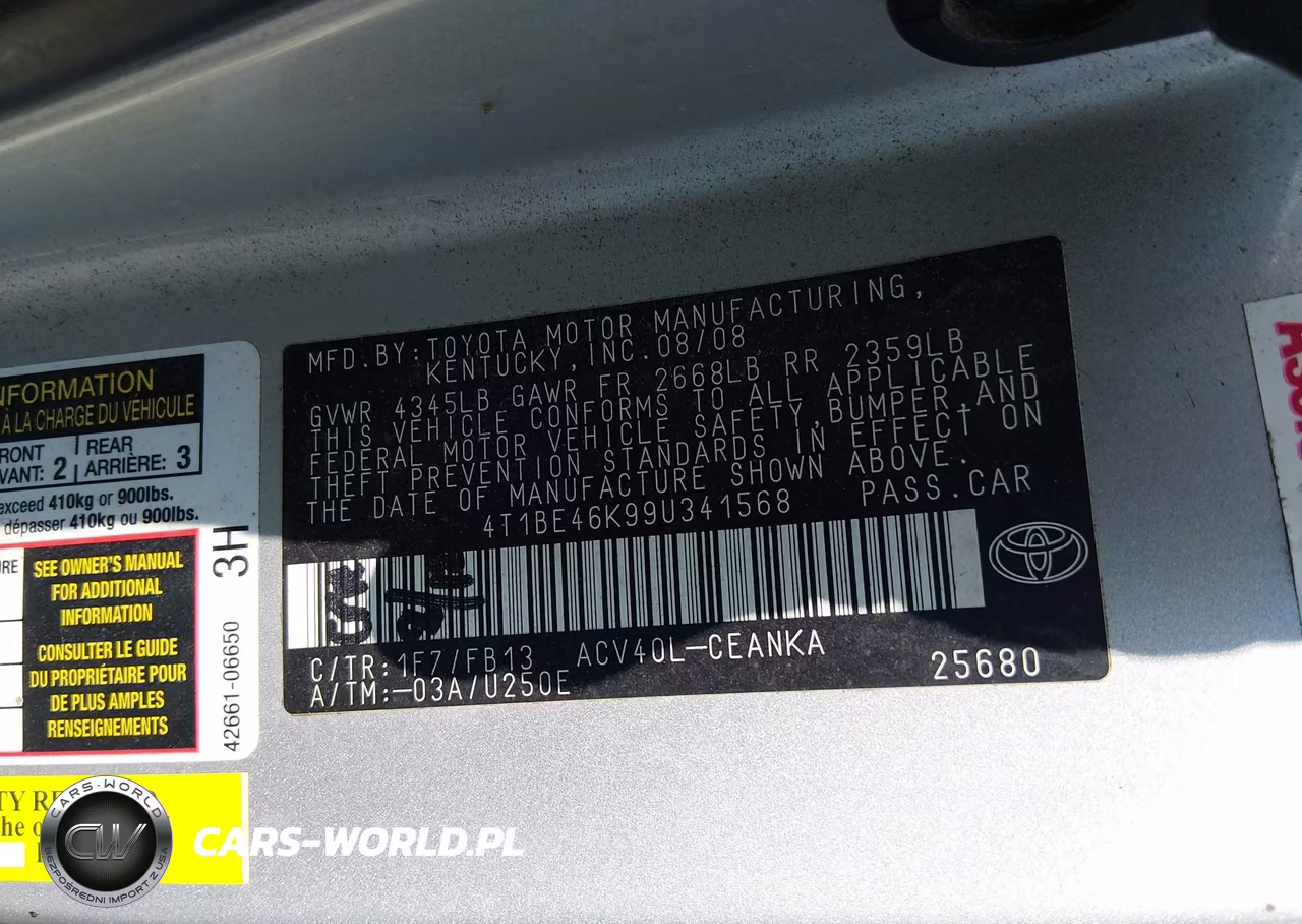 2009 Toyota Camry Le VIN:4T1BE46K99U341568 - 9