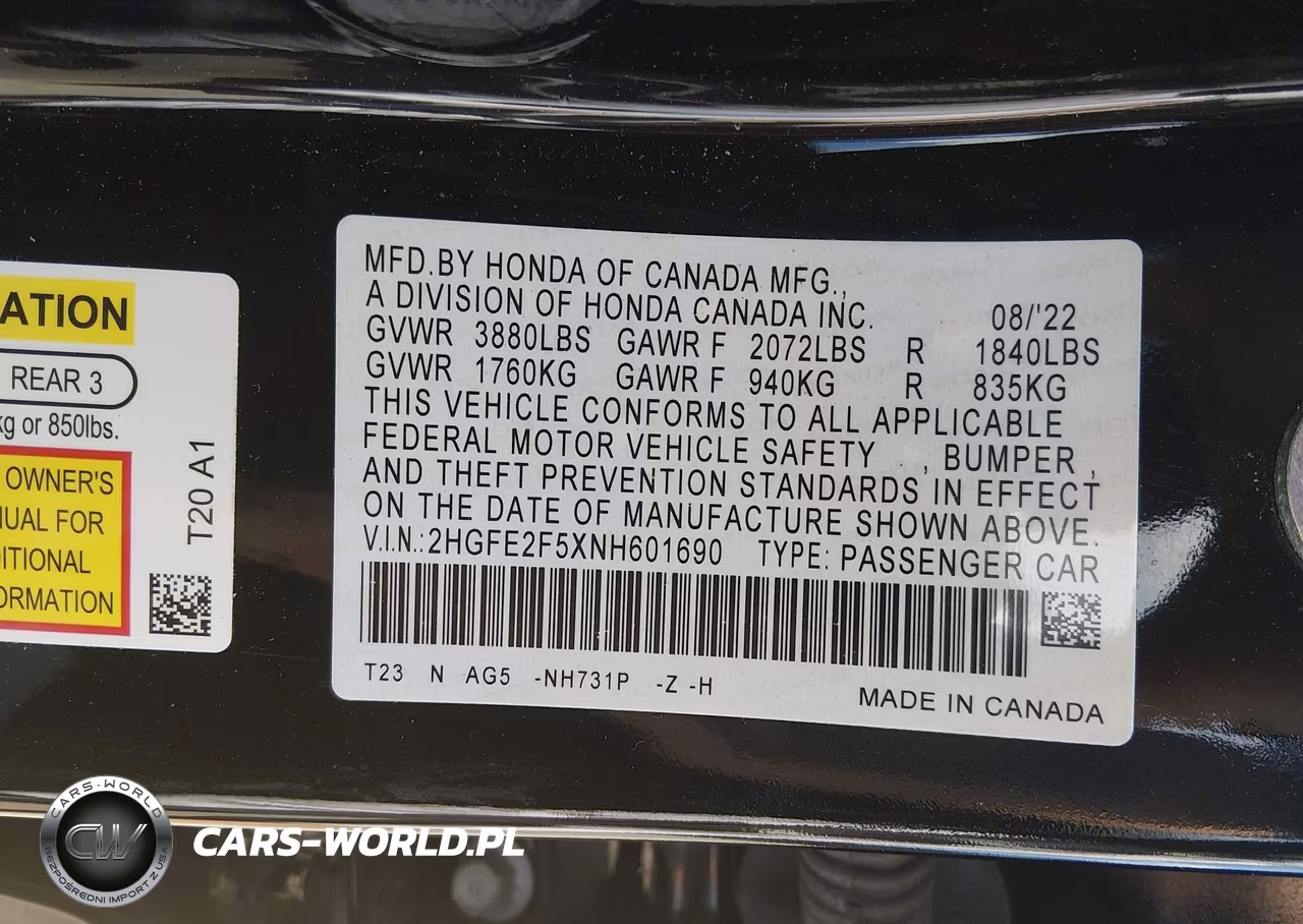 2022 Honda Civic Sport VIN:2HGFE2F5XNH601690 - 9