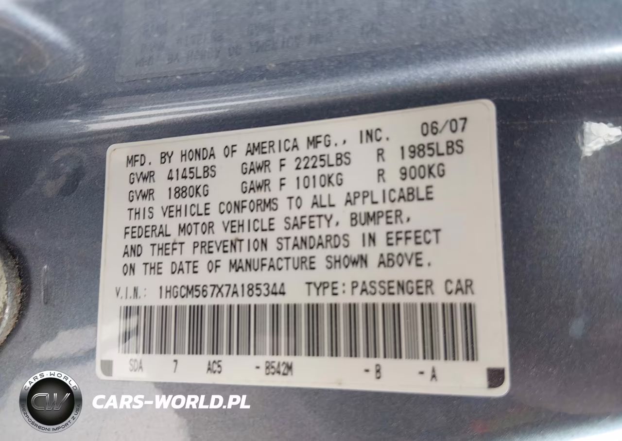 2007 Honda Accord 2.4 Ex VIN:1HGCM567X7A185344 - 9