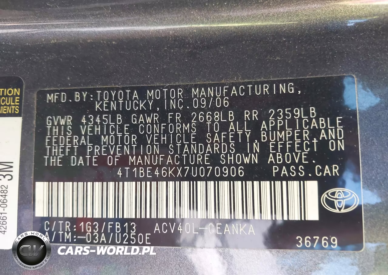 2007 Toyota Camry Ce-Le-Xle-Se VIN:4T1BE46KX7U070906 - 9