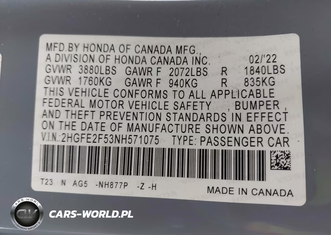 2022 Honda Civic Sport VIN:2HGFE2F53NH571075 - 9