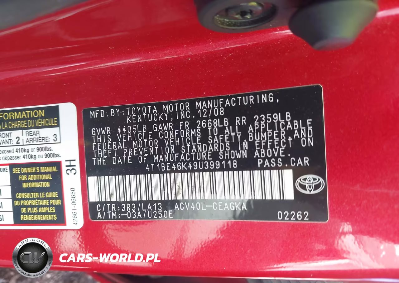 2009 Toyota Camry Xle VIN:4T1BE46K49U399118 - 9