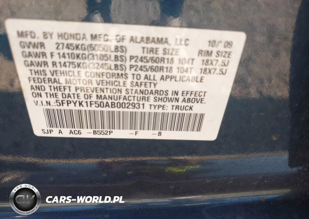 2010 Honda Ridgeline Rtl VIN:5FPYK1F50AB002931 - 9