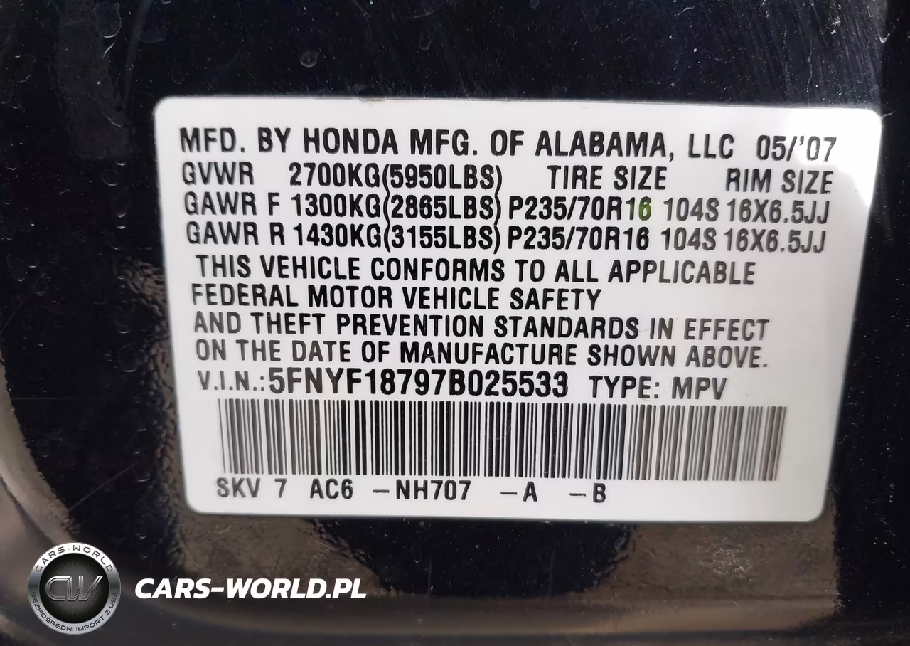 2007 Honda Pilot Ex-L VIN:5FNYF18797B025533 - 9