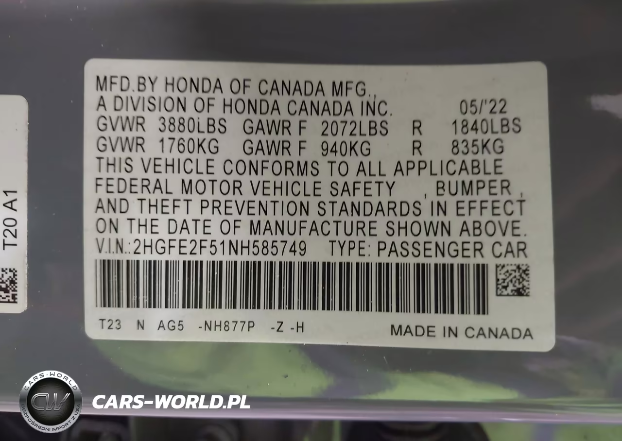 2022 Honda Civic Sport VIN:2HGFE2F51NH585749 - 9