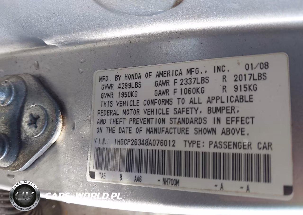 2008 Honda Accord 2.4 Lx VIN:1HGCP26348A076012 - 9