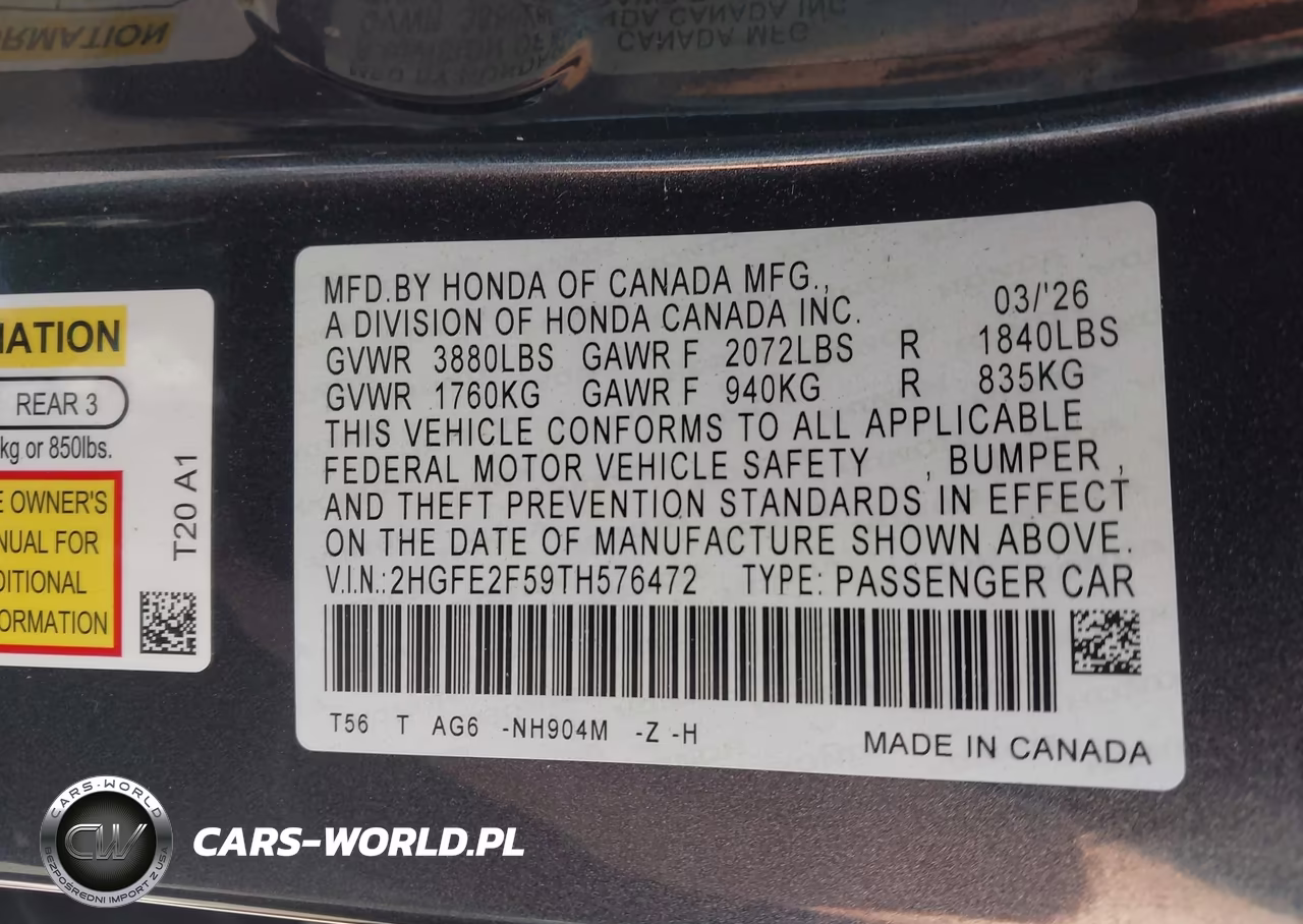 2026 Honda Civic Sport VIN:2HGFE2F59TH576472 - 9