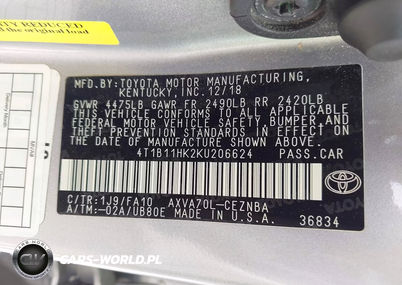 2019 Toyota Camry Le VIN:4T1B11HK2KU206624 - 9