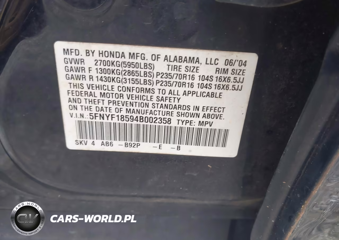 2004 Honda Pilot Ex-L VIN:5FNYF18594B002358 - 9