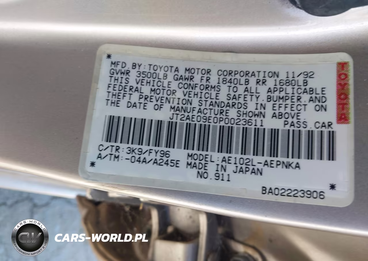 1993 Toyota Corolla Le-Dx VIN:JT2AE09E0P0023611 - 9