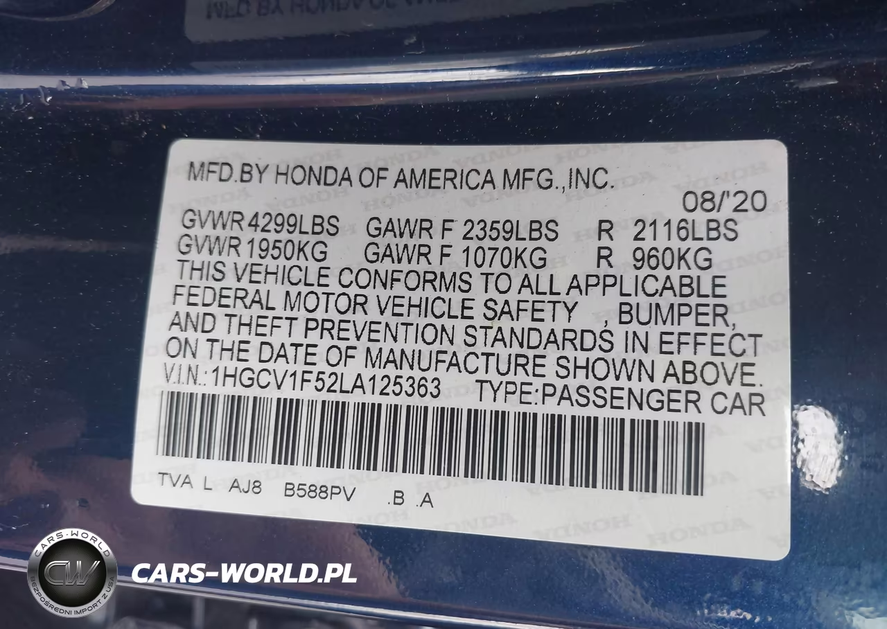 2020 Honda Accord Ex-L VIN:1HGCV1F52LA125363 - 9