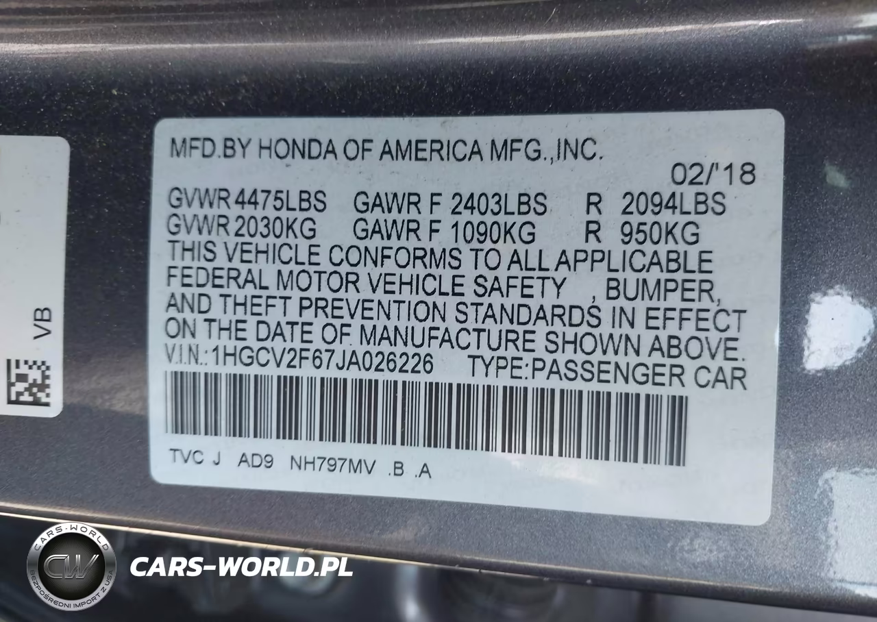 2018 Honda Accord Ex-L 2.0T VIN:1HGCV2F67JA026226 - 9