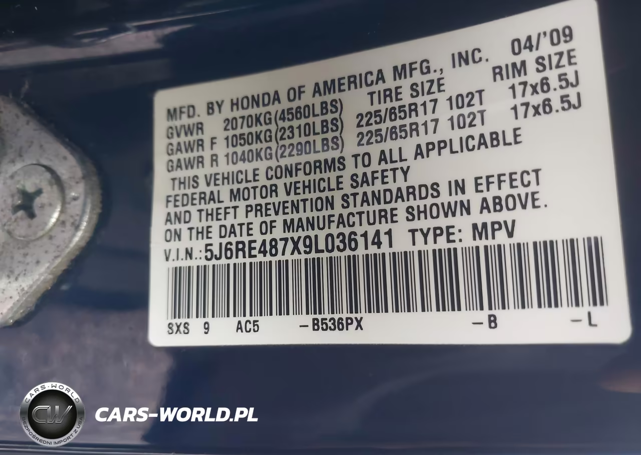 2009 Honda Cr-V Ex-L VIN:5J6RE487X9L036141 - 9