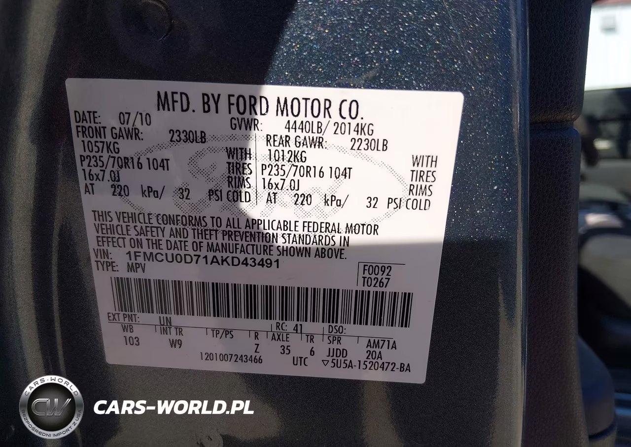 2010 Ford Escape Xlt VIN:1FMCU0D71AKD43491 - 9