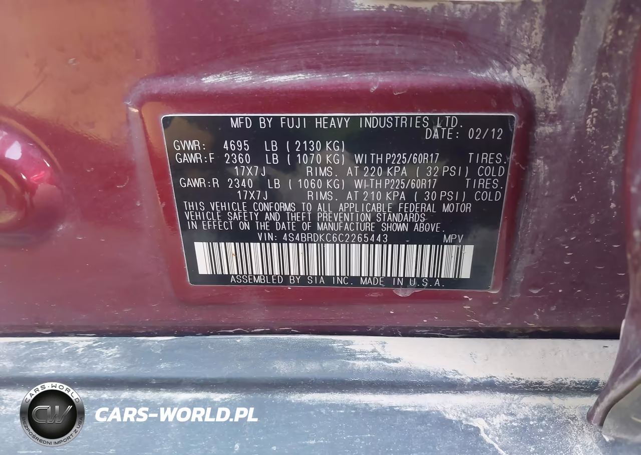 2012 Subaru Outback 3.6R Limited VIN:4S4BRDKC6C2265443 - 9