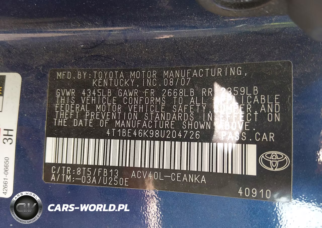 2008 Toyota Camry Le VIN:4T1BE46K98U204726 - 9