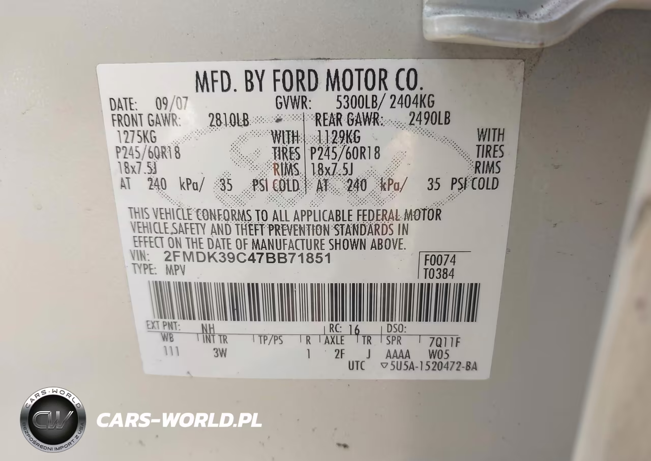 2007 Ford Edge Sel Plus VIN:2FMDK39C47BB71851 - 9