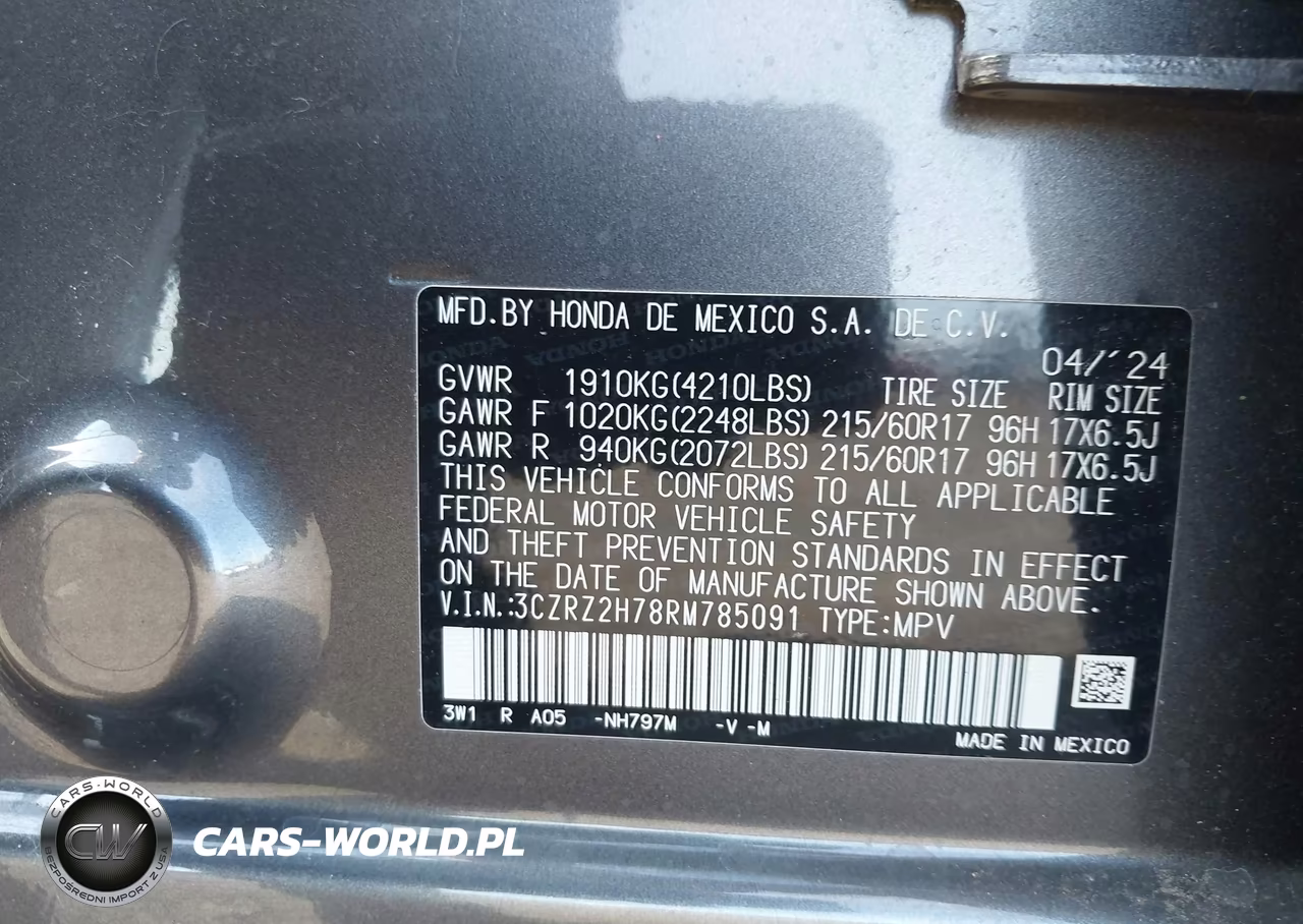 2024 Honda Hr-V Awd Ex-L-Awd Ex-L W-O Bsi VIN:3CZRZ2H78RM785091 - 9