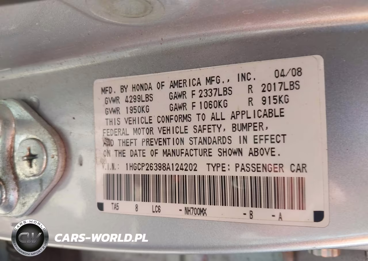 2008 Honda Accord 2.4 Lx VIN:1HGCP26398A124202 - 9