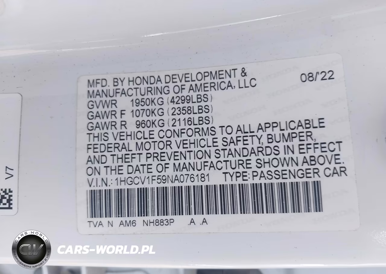 2022 Honda Accord Ex-L VIN:1HGCV1F59NA076181 - 9