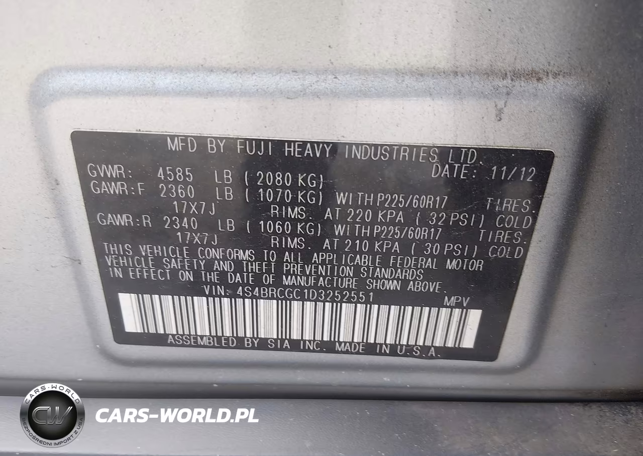 2013 Subaru Outback 2.5I Premium VIN:4S4BRCGC1D3252551 - 9