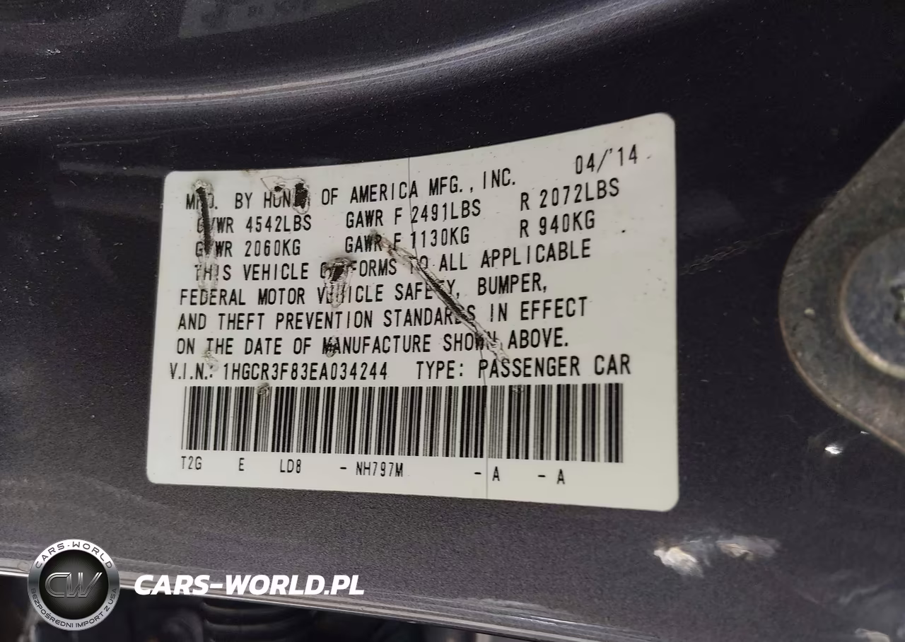 2014 Honda Accord Ex-L V-6 VIN:1HGCR3F83EA034244 - 9