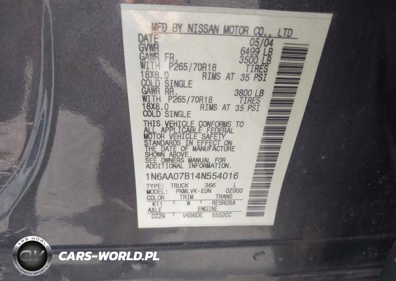 2004 Nissan Titan Le VIN:1N6AA07B14N554016 - 9