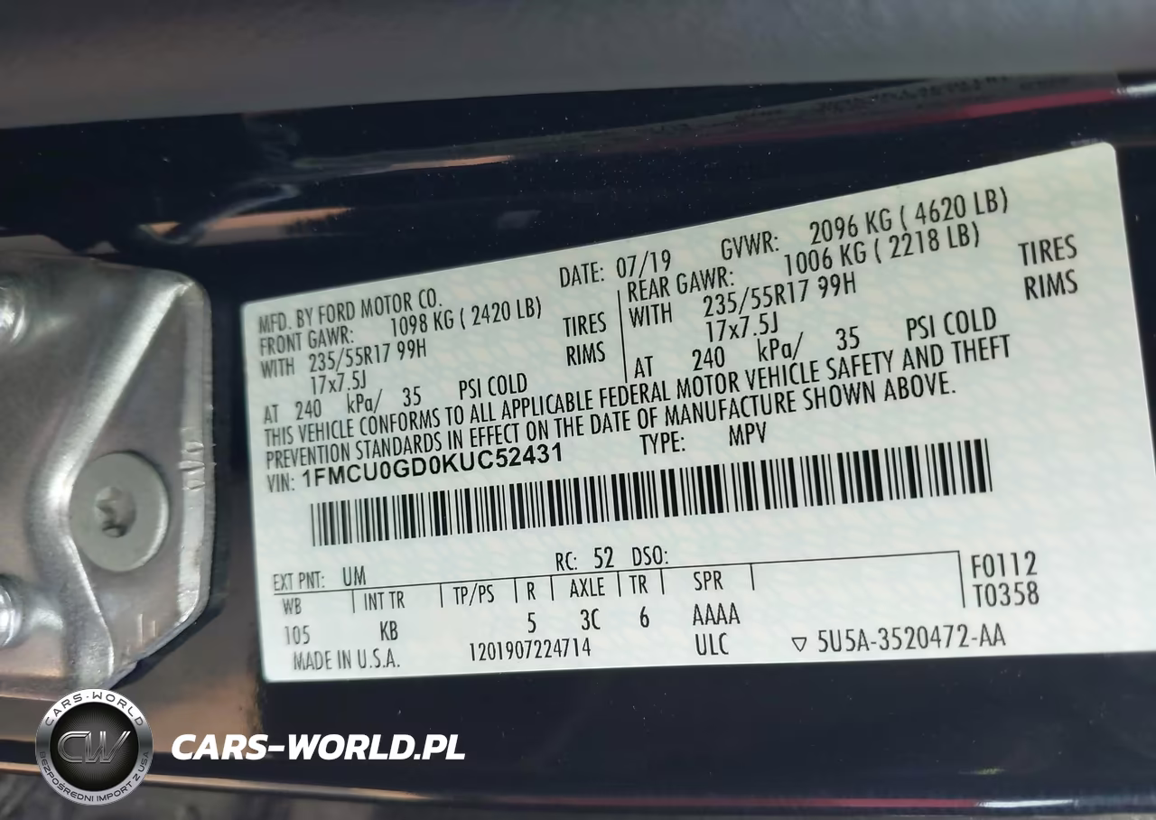 2019 Ford Escape Se VIN:1FMCU0GD0KUC52431 - 9