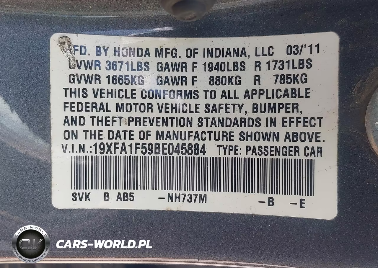 2011 Honda Civic Lx VIN:19XFA1F59BE045884 - 9