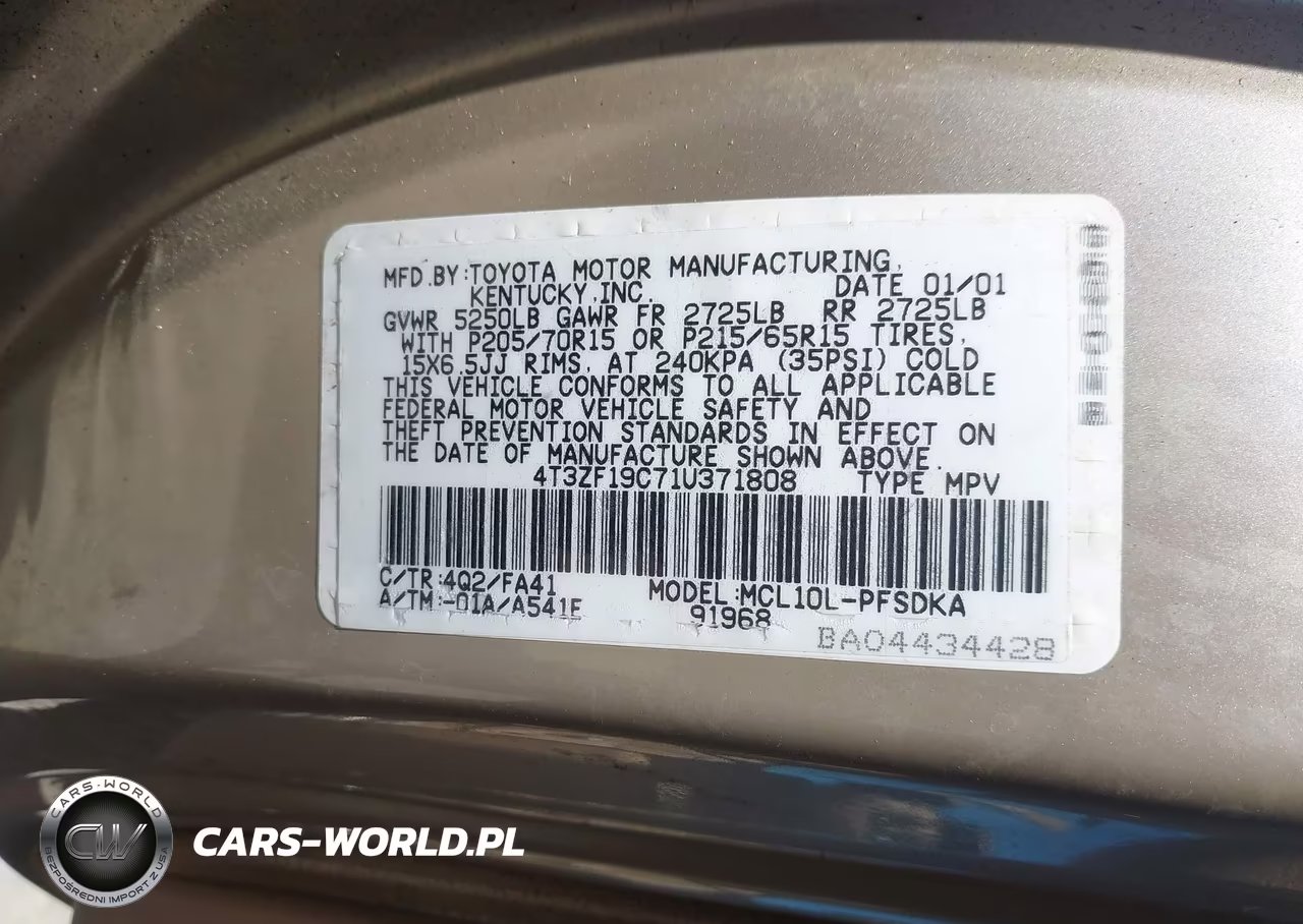 2001 Toyota Sienna Ce VIN:4T3ZF19C71U371808 - 9