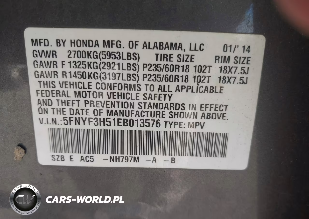 2014 Honda Pilot Ex-L VIN:5FNYF3H51EB013576 - 9