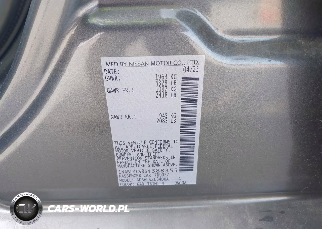 2025 Nissan Altima Sr Fwd VIN:1N4BL4CV9SN388355 - 9