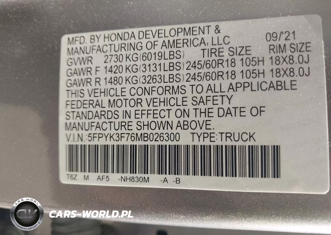 2021 Honda Ridgeline Rtl-E VIN:5FPYK3F76MB026300 - 9