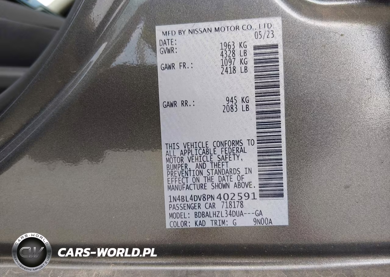 2023 Nissan Altima Sv Fwd VIN:1N4BL4DV8PN402591 - 9