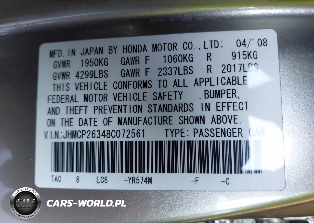 2008 Honda Accord 2.4 Lx VIN:JHMCP26348C072561 - 9