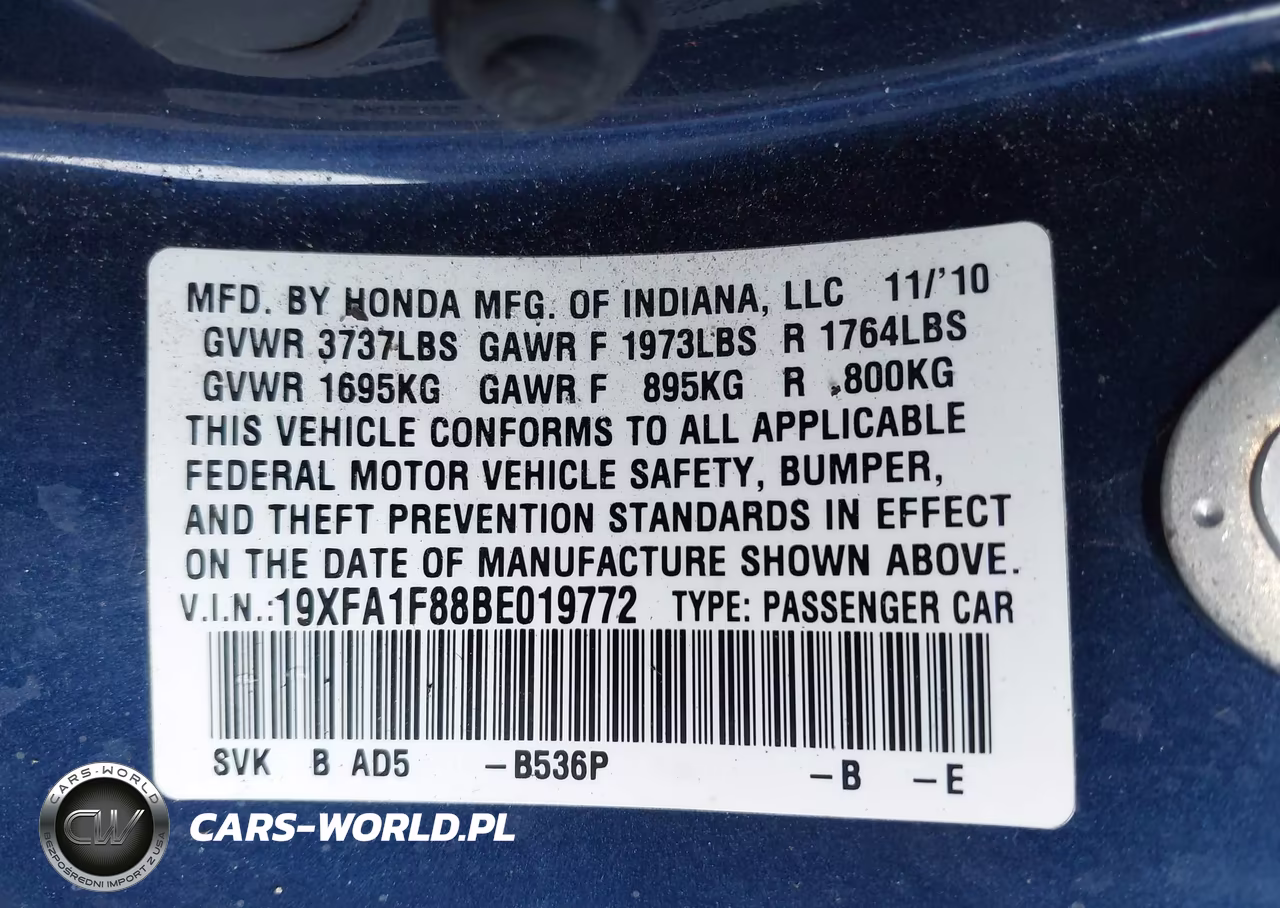 2011 Honda Civic Ex VIN:19XFA1F88BE019772 - 9