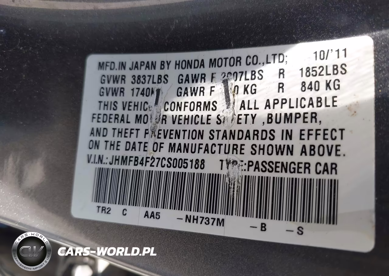 2012 Honda Civic Hybrid VIN:JHMFB4F27CS005188 - 9