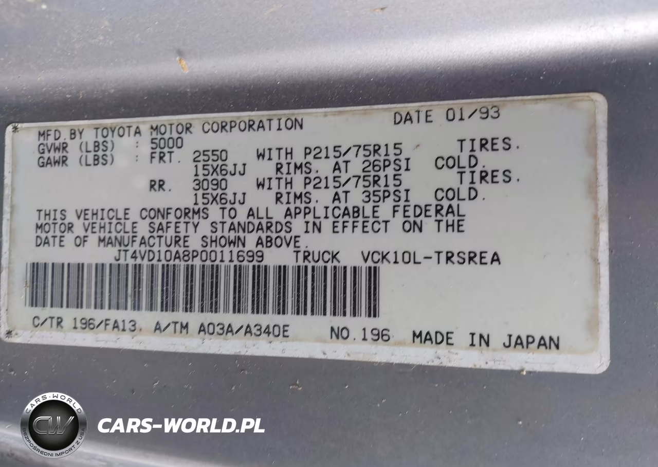 1993 Toyota T100 VIN:JT4VD10A8P0011699 - 9