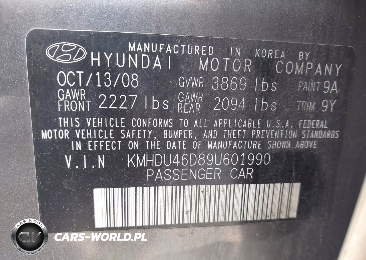 2009 Hyundai Elantra Gls VIN:KMHDU46D89U601990 - 9