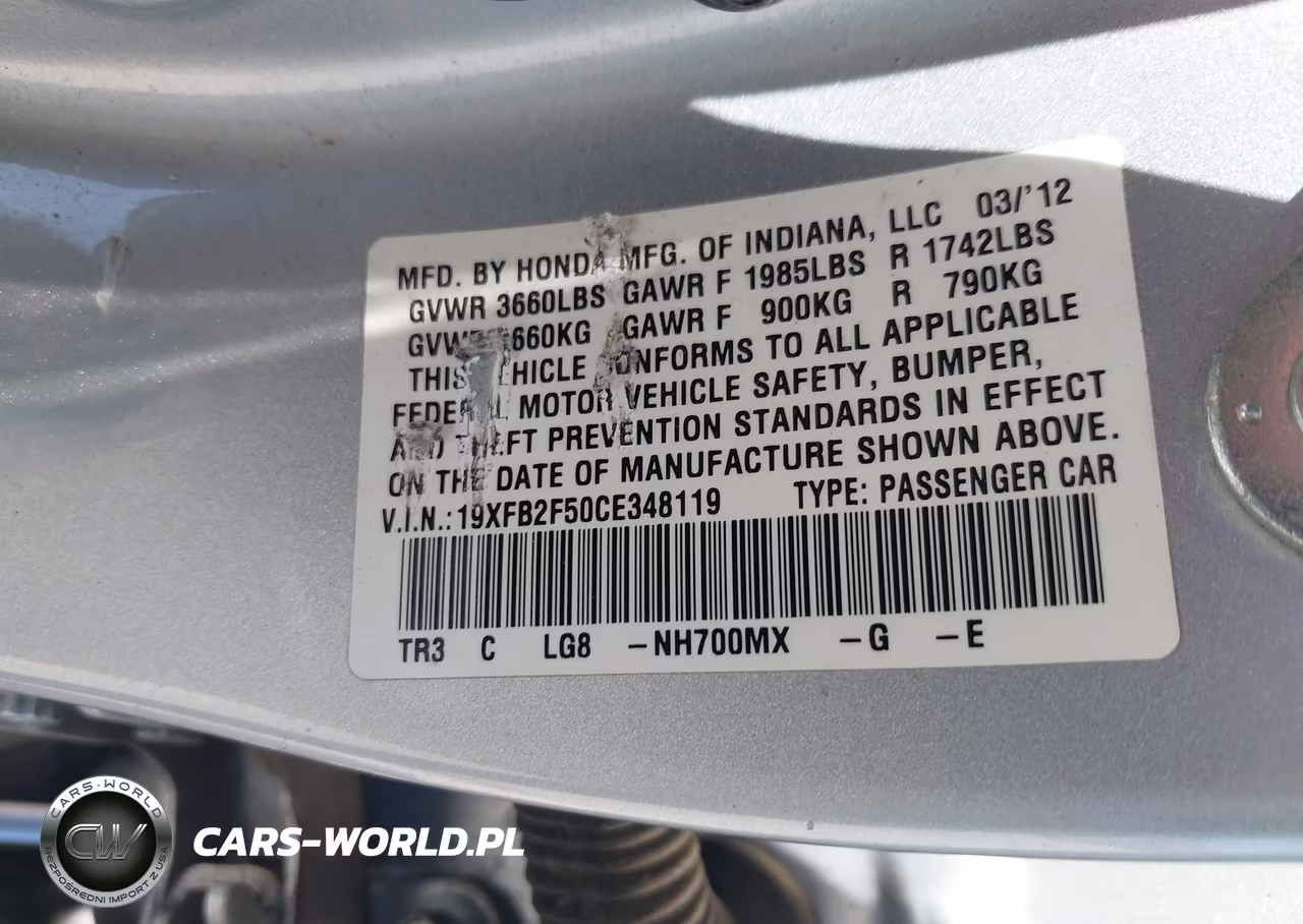 2012 Honda Civic Lx VIN:19XFB2F50CE348119 - 9