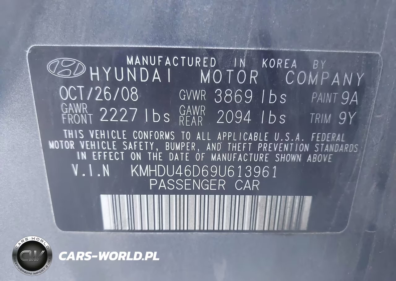 2009 Hyundai Elantra Gls VIN:KMHDU46D69U613961 - 9