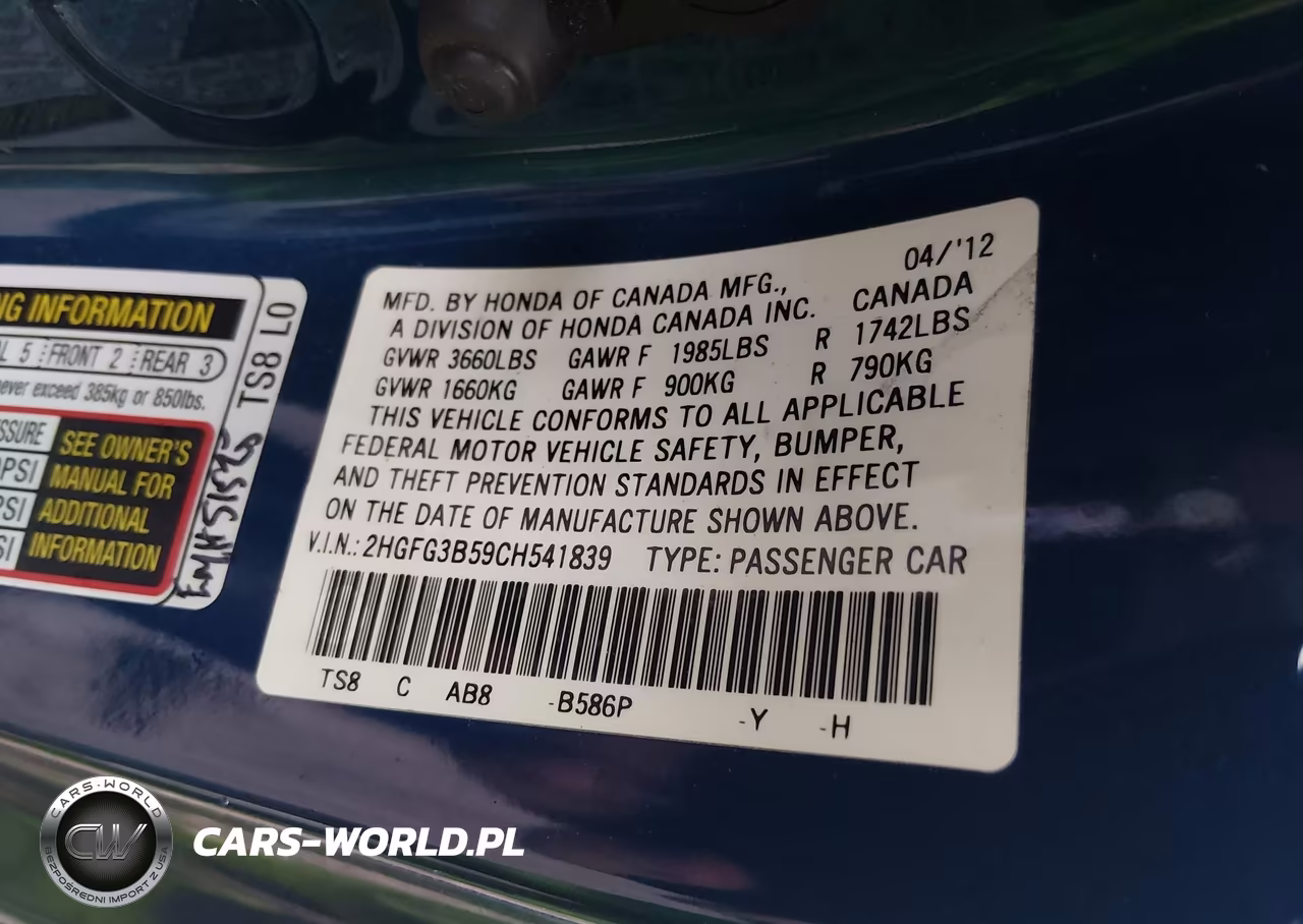 2012 Honda Civic Lx VIN:2HGFG3B59CH541839 - 9