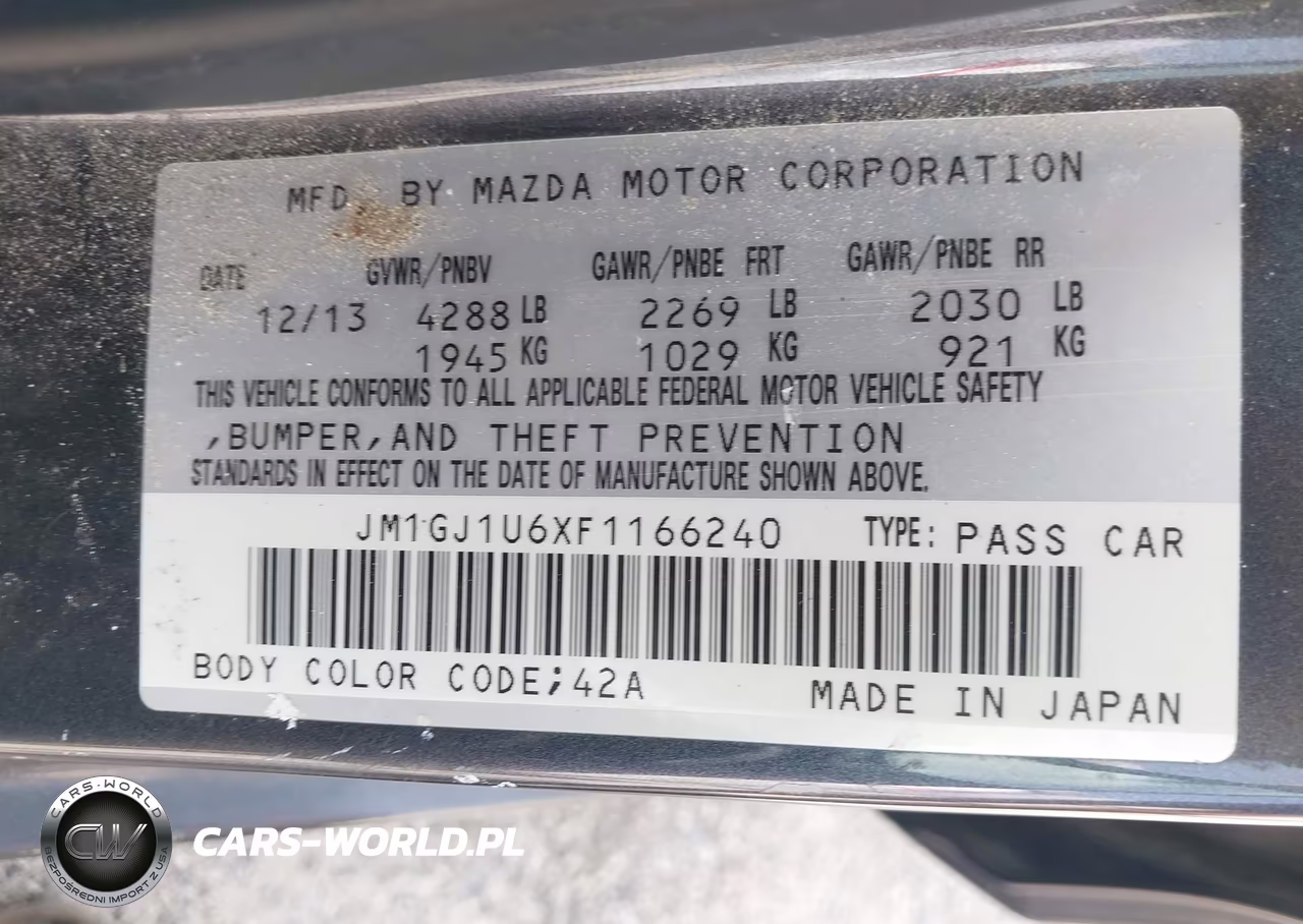MAZDA 6 SPORT VIN:JM1GJ1U6XF1166240 - 9