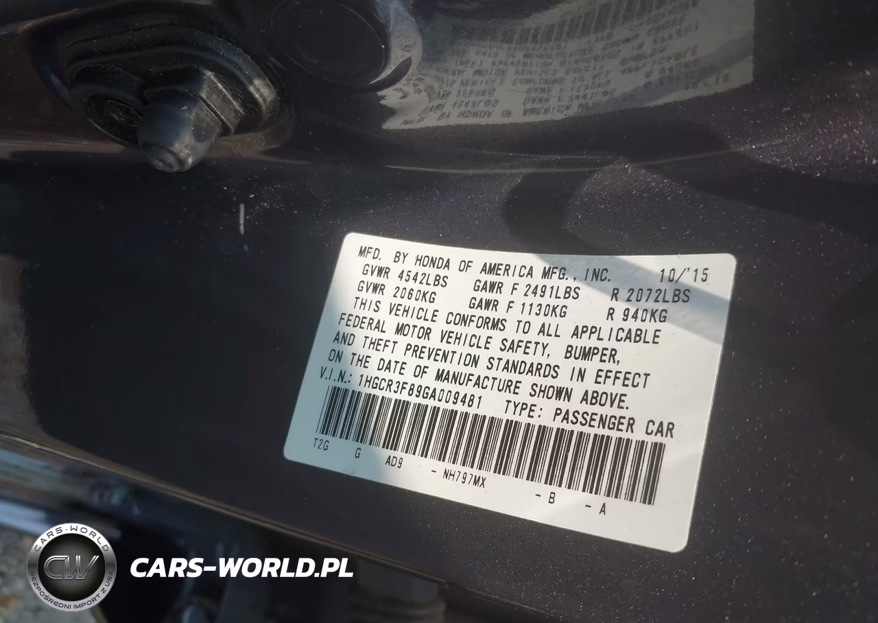 2016 Honda Accord Ex-L V-6 VIN:1HGCR3F89GA009481 - 9